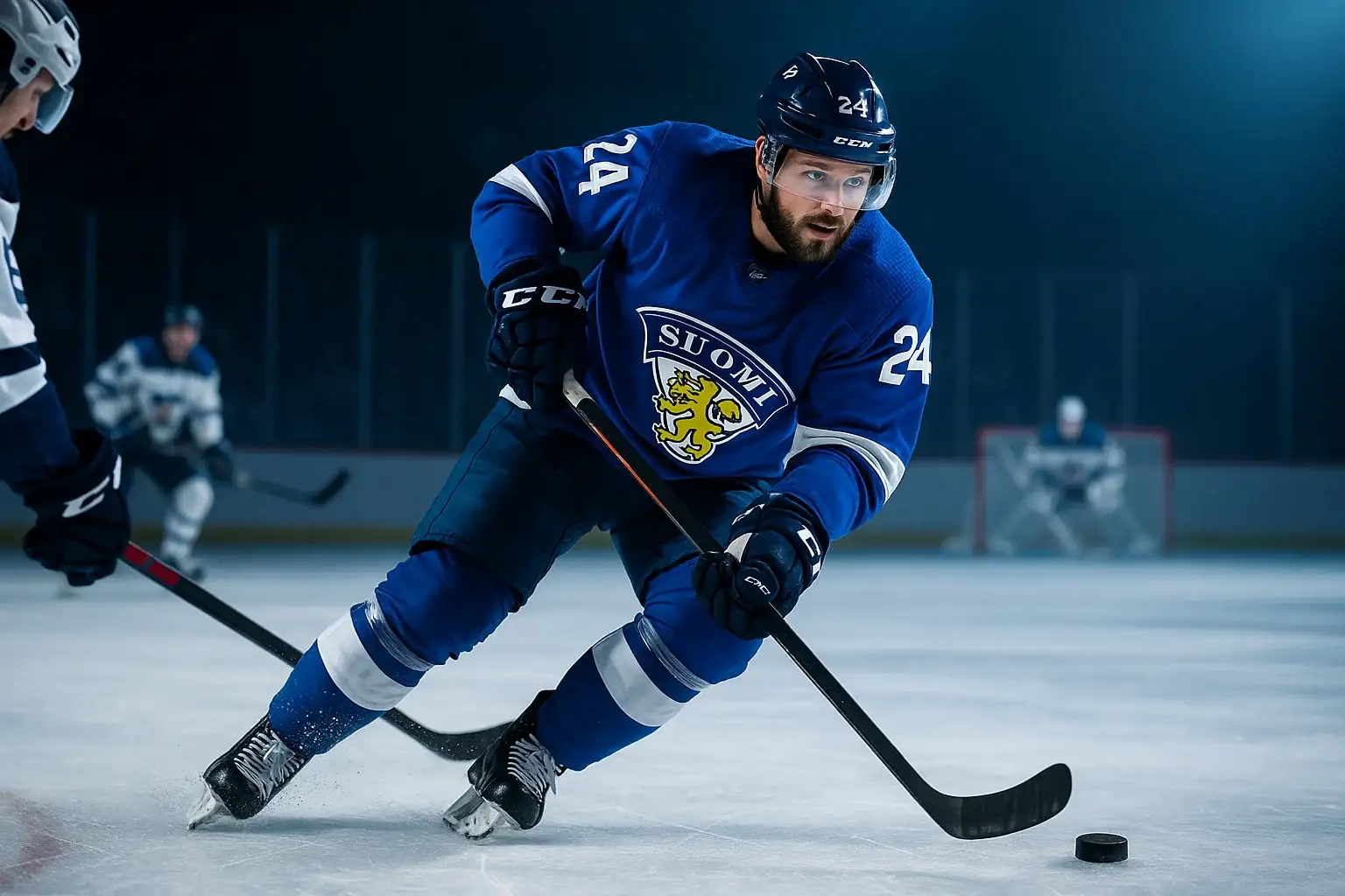 Suomalaisen jääkiekon vedonlyöntibanneri, SM-liigaottelu ja Leijonat-paita dramaattisessa valaistuksessa